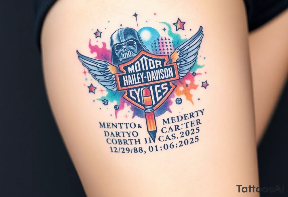 colorful futuristic memory tattoo for passed boyfriend;, star wars, Harley Davidson, skateboarding, puzzle pieces, video games, heaven, god, outdoors, 9mm bullet, words MEMENTO MORI & DARTH CARTER 12/29/88-01/06/2025 tattoo idea