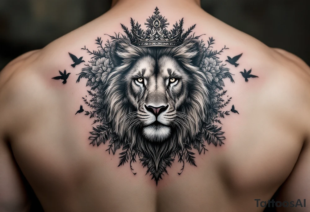 powerful majestic lion with a crown, surrounded by floral ornaments and birds tattoo idea