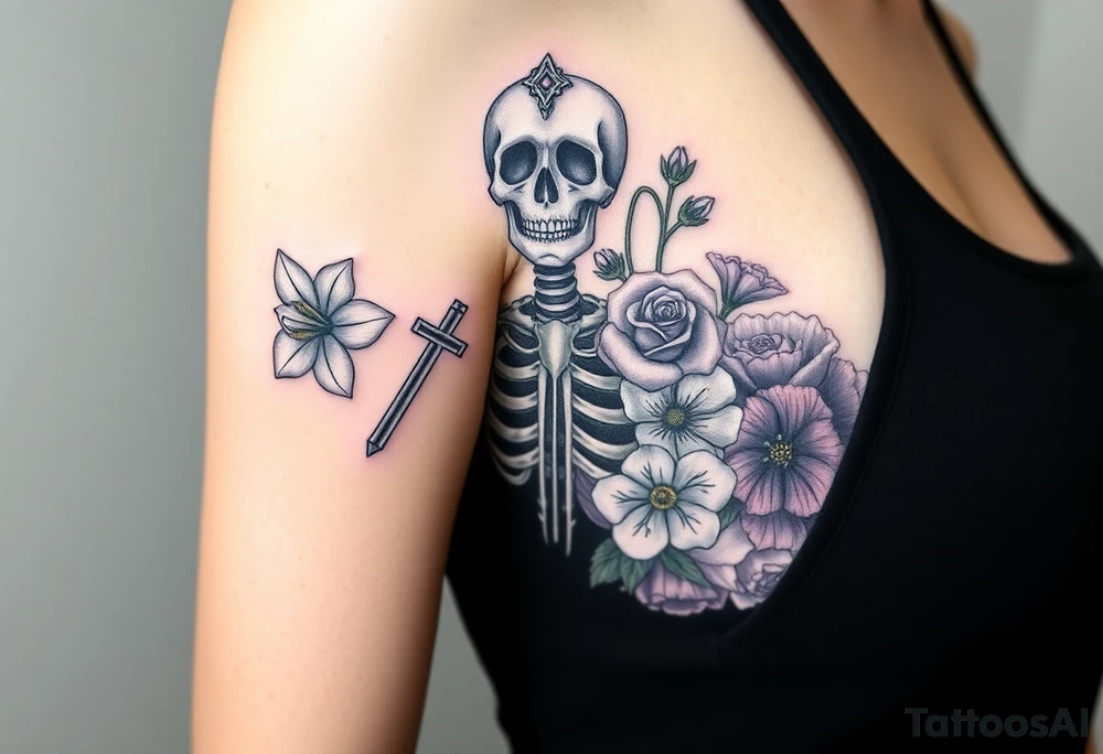 A tattoo with skeleton and a cross representing from death to life. Incorporate the following flowers in a bouquet coming out of the life side. Morning Glory, Lily of the Valley, Daffodil, Rose, Poppy, Violet tattoo idea