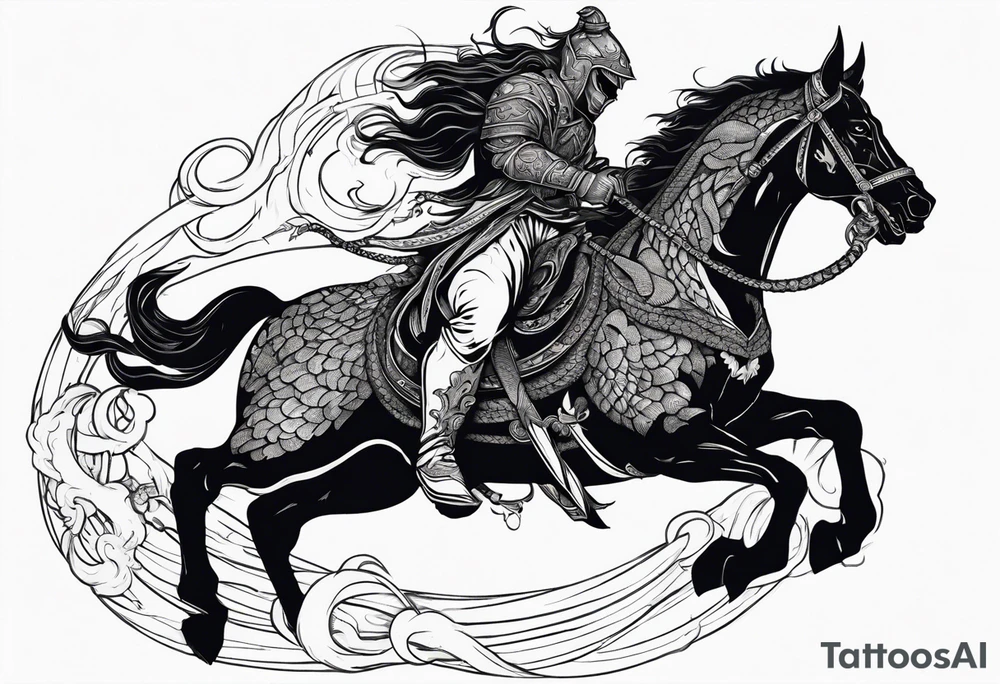 A demon rider on a raging horse with a sword and a snake tattoo idea