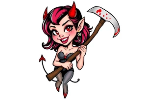 Pinup demon girl smiling while holding a bloody hatchet tattoo idea