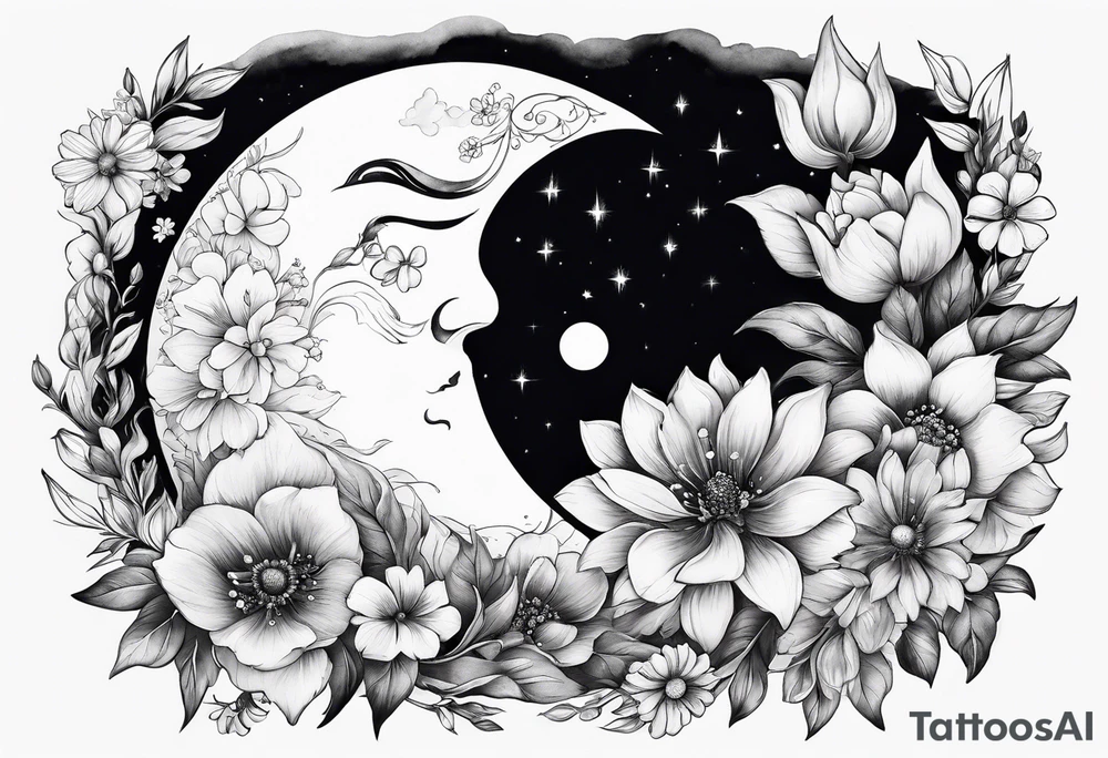 Crescent moon shrouded by beautiful flowers tattoo idea Crescent moon shrouded by beautiful flowers tattoo idea