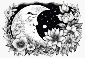 Crescent moon shrouded by beautiful flowers tattoo idea