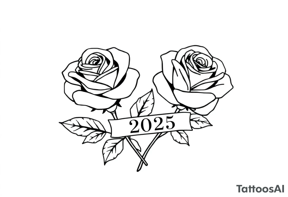 two beautiful large rose buds, one larger than the other, with many leaves next to the rose buds, with one sitting slightly higher than the other, side-by-side.  Include a banner connecting the two roses with the year 2025 on it.   Use dark outlines with little shading. No stems tattoo idea