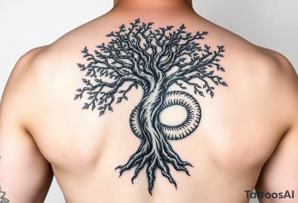 tree of life with a dragon encircling it. the trees roots are absorbing the dragons tale while the dragon eats the top of the tree tattoo idea