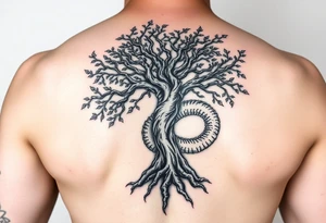 tree of life with a dragon encircling it. the trees roots are absorbing the dragons tale while the dragon eats the top of the tree tattoo idea