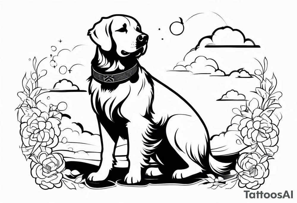 a golden retriever in a kimono full body view wearing a black karate belt tattoo idea