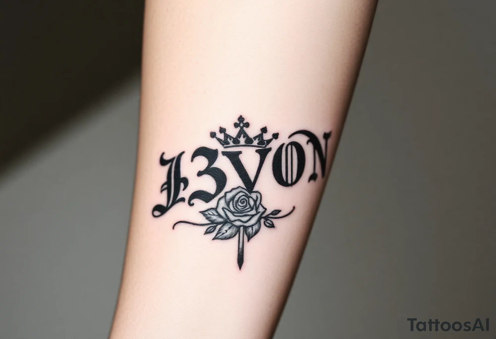 Name D3von spelt going down my arm with a crown and rose and cross and 03/27/07 tattoo idea