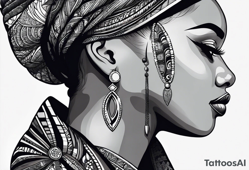 mulher iemanjá africana em preto e cinza com conchas marinhas, fundo da imagem com tons de azul tattoo idea