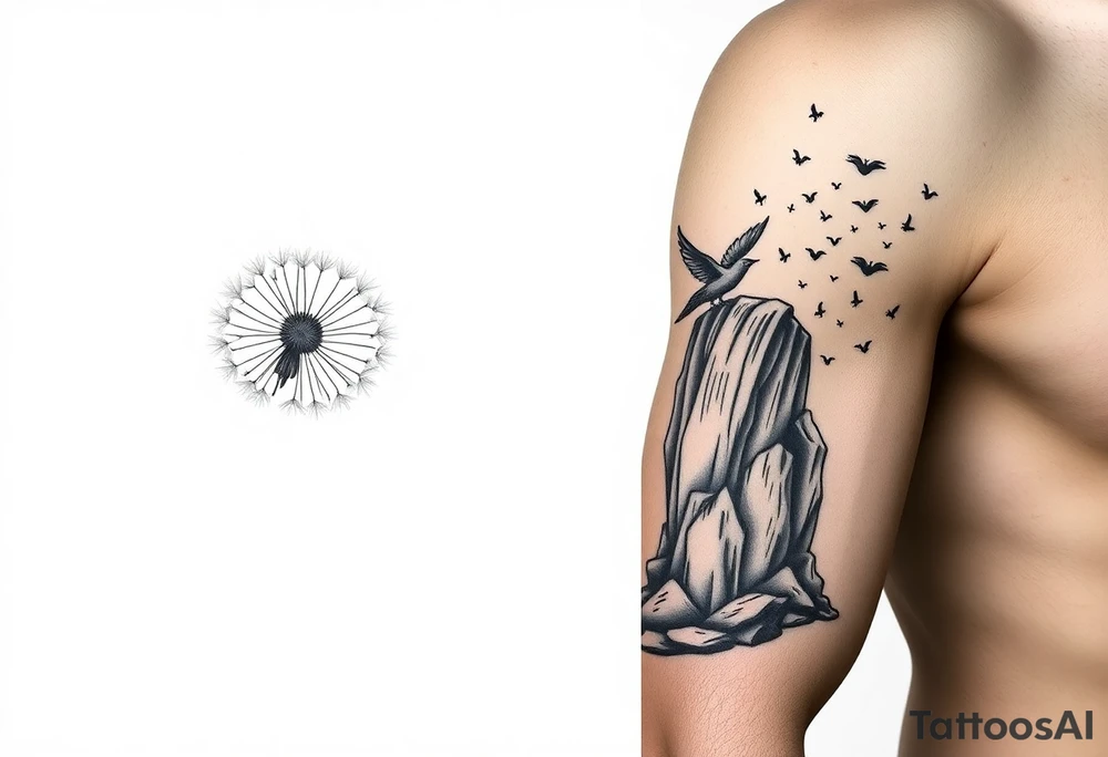 A dandelion with its leaves blowing away and turning into birds that fly up a waterfall tattoo idea