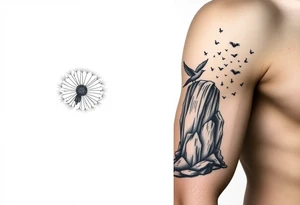 A dandelion with its leaves blowing away and turning into birds that fly up a waterfall tattoo idea