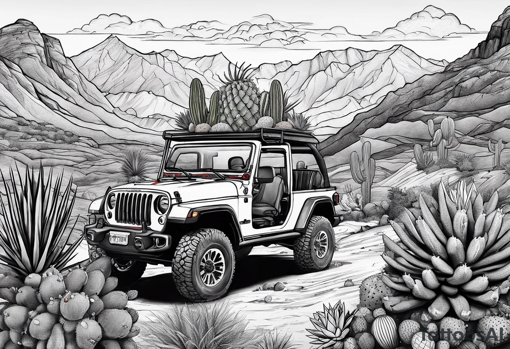 A dessert mountain with a donkey, a  jeep gladiator and cactus tattoo idea