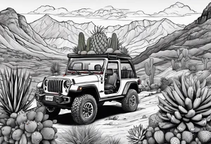 A dessert mountain with a donkey, a  jeep gladiator and cactus tattoo idea