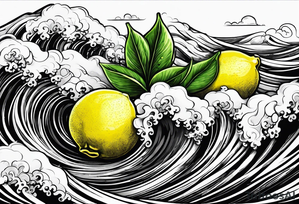 A lemon-Buoy with a green leaf-flag on waves tattoo idea A lemon-Buoy with a green leaf-flag on waves tattoo idea