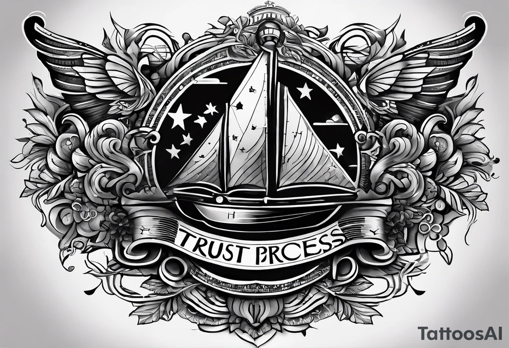 the words "trust the process" and behind it/coming out of it is music notes hiphop, and money and business and emotion references tattoo idea