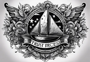 the words "trust the process" and behind it/coming out of it is music notes hiphop, and money and business and emotion references tattoo idea