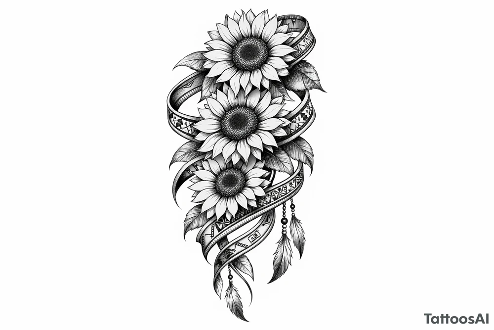 3 cascading Sunflowers wrapped in an Native American Indian ribbon tattoo idea