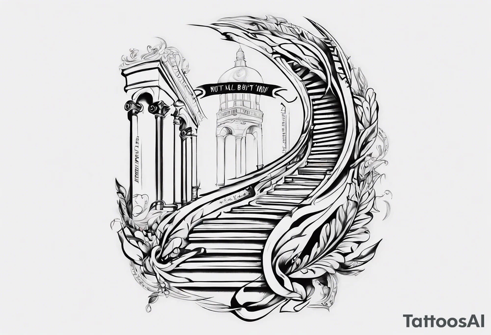 Horizontal inner bicep tattoo. “walk by faith, not by sight” stairwell wrapping around the quote. This design captures the essence of the journey guided by faith. tattoo idea