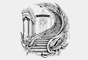 Horizontal inner bicep tattoo. “walk by faith, not by sight” stairwell wrapping around the quote. This design captures the essence of the journey guided by faith. tattoo idea