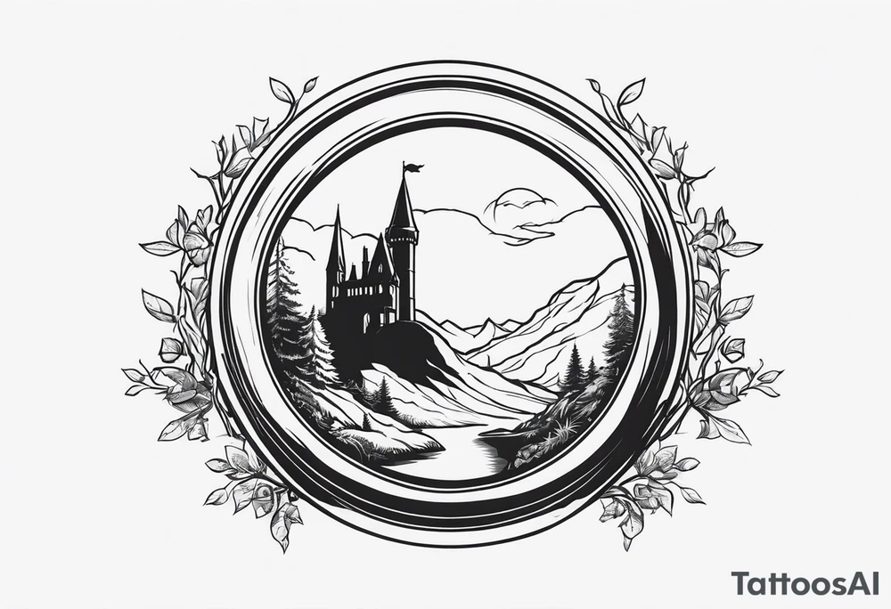 Lord of the rings main with Harry Potter mashup but more lord of the rings heavy. Small simple dainty fine line and minimal. Objects only. Hobbit door hole and wands tattoo idea