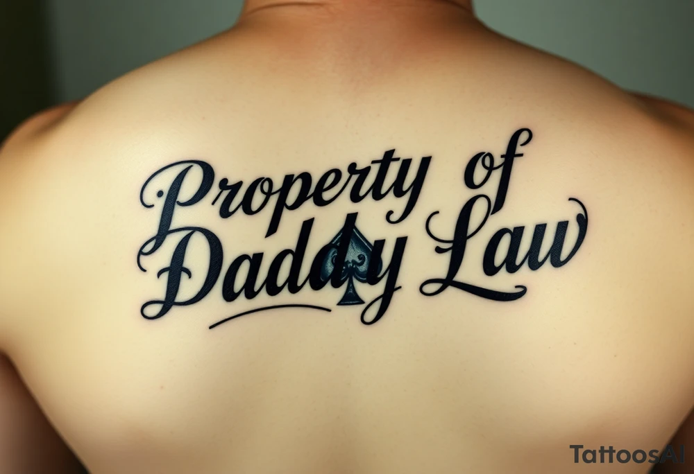 Lettering in calligraphy/cursive that says:
Property of
Daddy Law

Somewhere in there a queen of spades. Could be in the "a" in the Daddy or Law but just want it somewhere in there
tattoo is going to be for a thicker female on their lower back area tattoo idea
