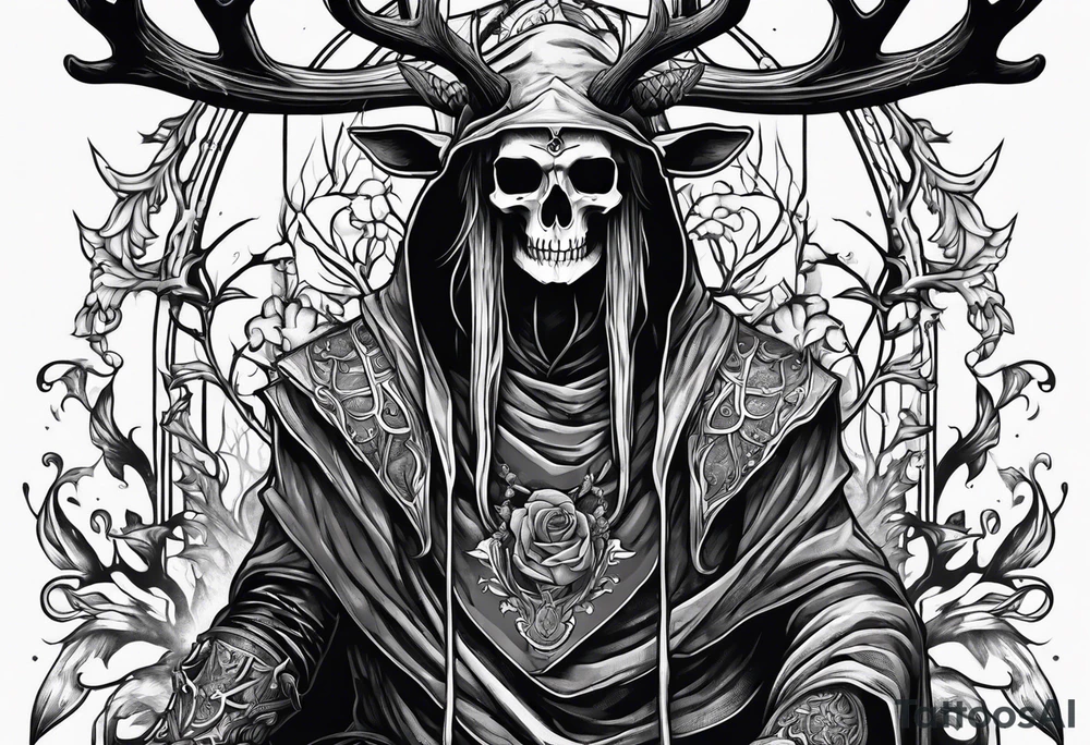 Hooded figure riding on a reindeer skeleton tattoo idea