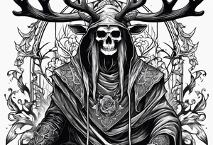 Hooded figure riding on a reindeer skeleton tattoo idea