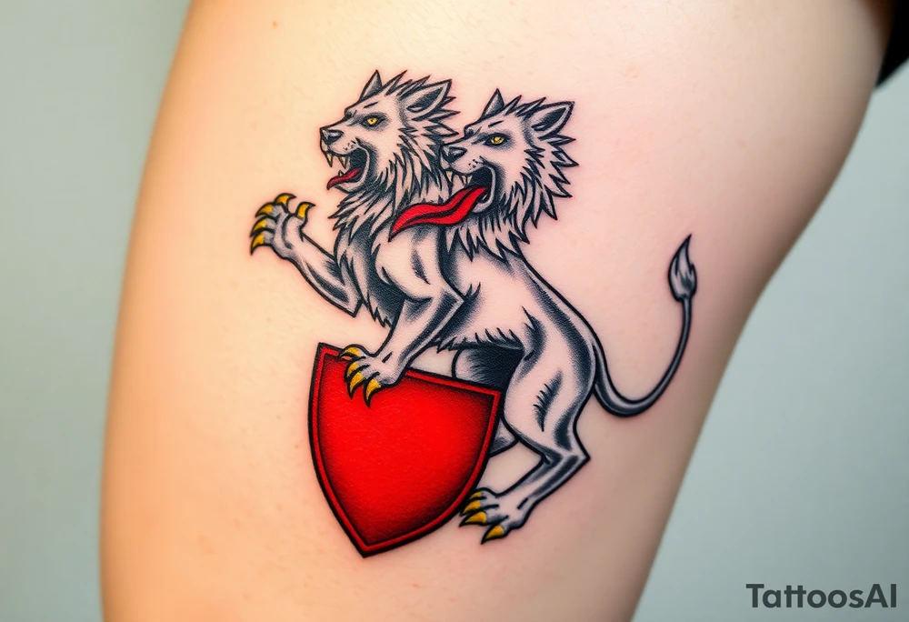 A majestic double-tailed silver lion with golden claws and a red tongue, standing proudly on a red shield, symbolizing strength and courage tattoo idea