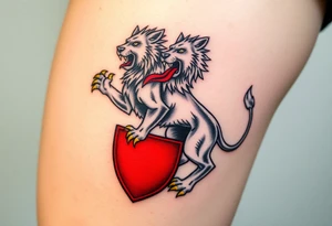 A majestic double-tailed silver lion with golden claws and a red tongue, standing proudly on a red shield, symbolizing strength and courage tattoo idea