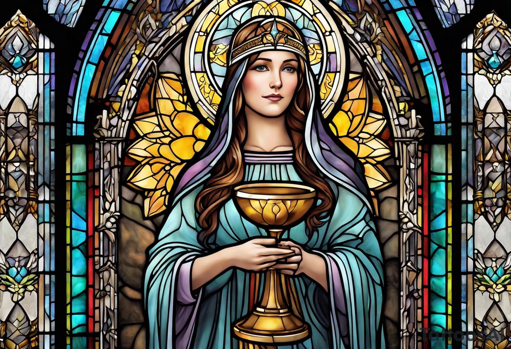 holy saint woman with halo stained glass holding a chalice tattoo idea