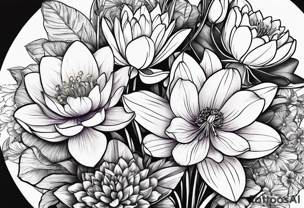 flower bouquet with 1 violet, 1 water lilly, and 1 narcissus tattoo idea
