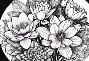 flower bouquet with 1 violet, 1 water lilly, and 1 narcissus tattoo idea