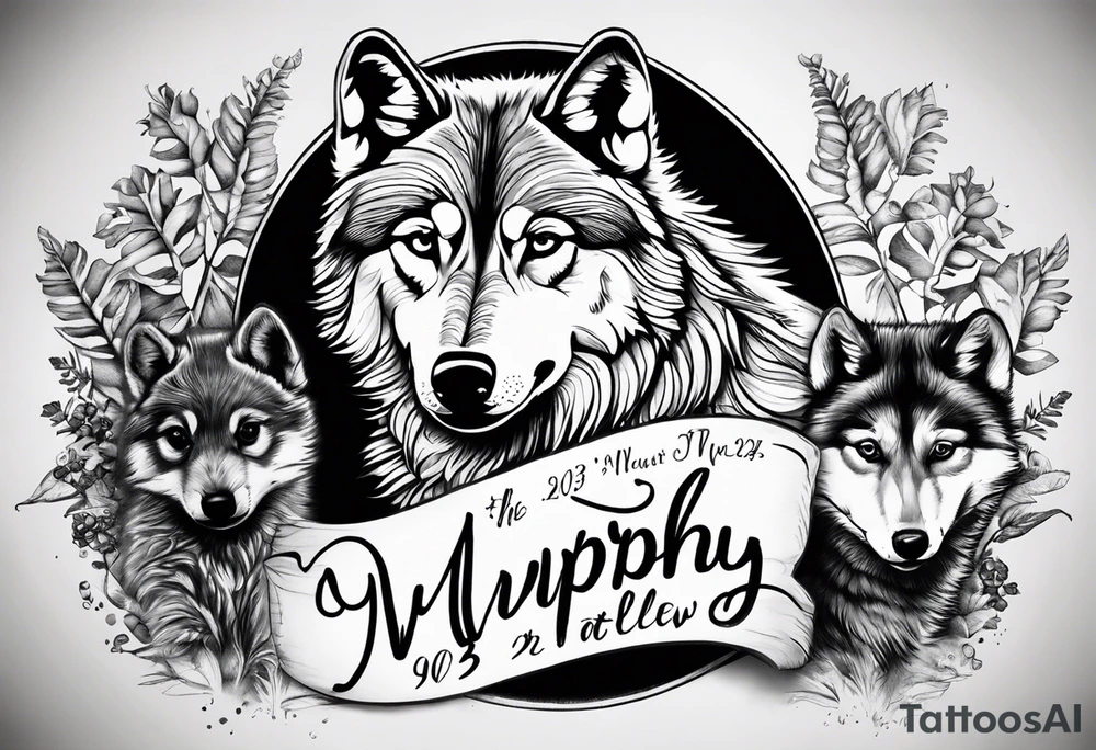 2 baby footprints with the name Murphy above and the date 8/9/23 below the foot prints. 
Father wolf looking over a baby wolf with nature background tattoo idea