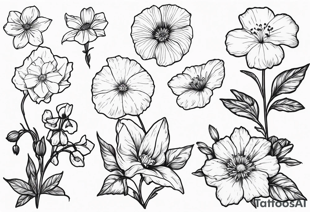 Birth flowers with violets, larkspur, aster, morning glory tattoo idea