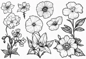Birth flowers with violets, larkspur, aster, morning glory tattoo idea