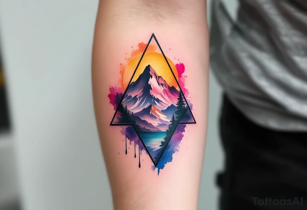 A triangle with a big heart in the cente with a mountain theme tattoo idea