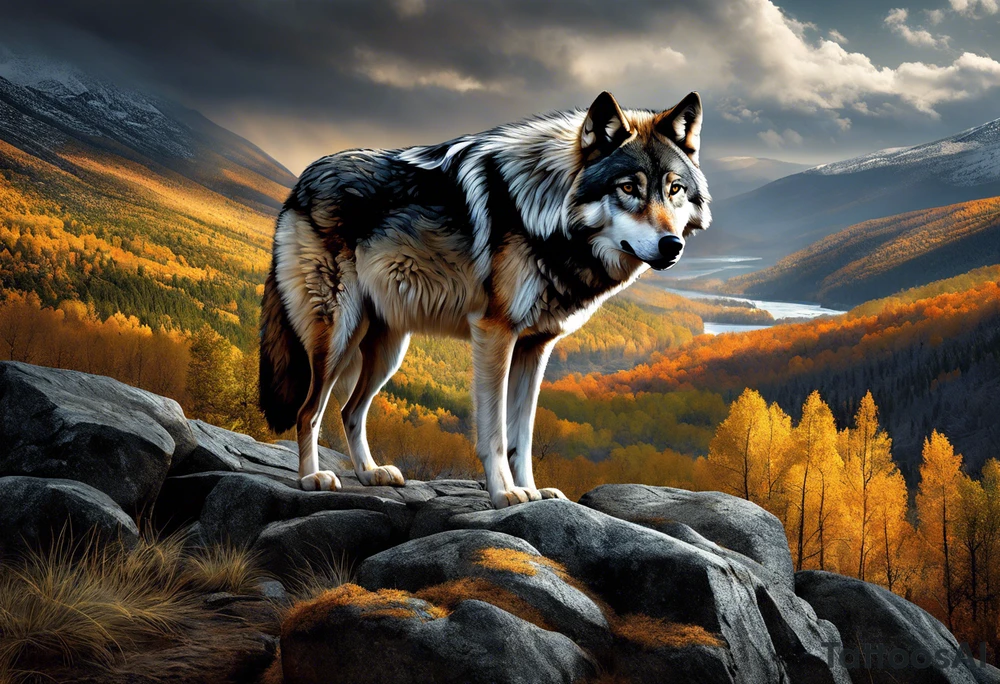 solitary wolf navigating through a rugged, detailed terrain, with each element meticulously shaded to capture the essence of life's struggles. The wolf's intense gaze conveys determination and resilience, while the landscape around it mirrors the challenges faced – rocky cliffs, turbulent rivers, and stormy skies. Subtle touches of color add depth and dimension, enhancing the realism of the design. Alongside the wolf, the phrase "Strength in Adversity" is delicately scripted, tying together the theme of overcoming life's battles with authenticity and grace. tattoo idea