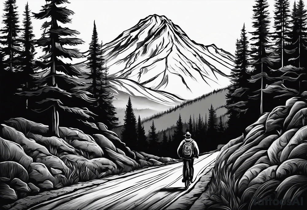 A man with a backpack walking down a road lined with trees, holding a bicycle towards a mountain. I want the design to be portrait and sort of a vanishing road towards the mountain. The mountain is Black Tusk in British Colombia tattoo idea