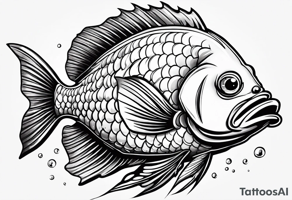 Cartoon fish with a mean face, angry expression, realistic tattoo idea
