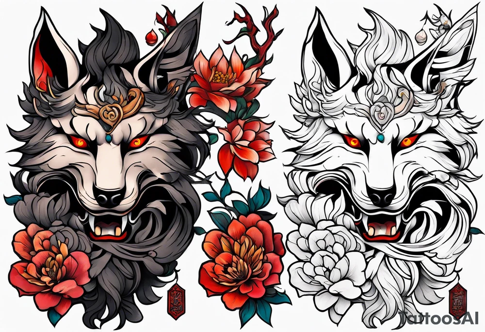 Neotraditional tattoo sleeve with a broke in half oni mask with flowers and kitsune coming out of it tattoo idea