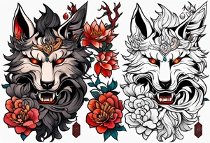 Neotraditional tattoo sleeve with a broke in half oni mask with flowers and kitsune coming out of it tattoo idea