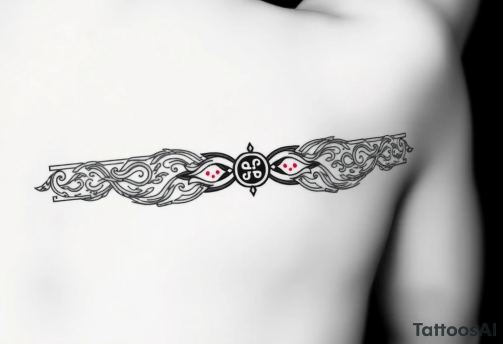 tattoo stencil, ultra-thin horizontal band (ratio 10:1), black and red line art. Fusion of:  
- Greek meander pattern,  
- Neo-tribal sharp angles,  
- Chinese dragon scales (black) and phoenix feathers (red).  
Hidden details: small Bagua trigrams in corners.  
Seamless repeating pattern, NO background, perfect for forearm wrap-around.  
Style: intricate line art, inspired by ancient Greek pottery and dotwork tattoos. tattoo idea