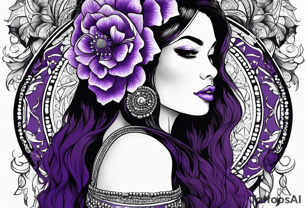 woman wearing bead headband, standing next to magical purple buffalo tattoo idea