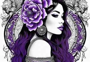 woman wearing bead headband, standing next to magical purple buffalo tattoo idea