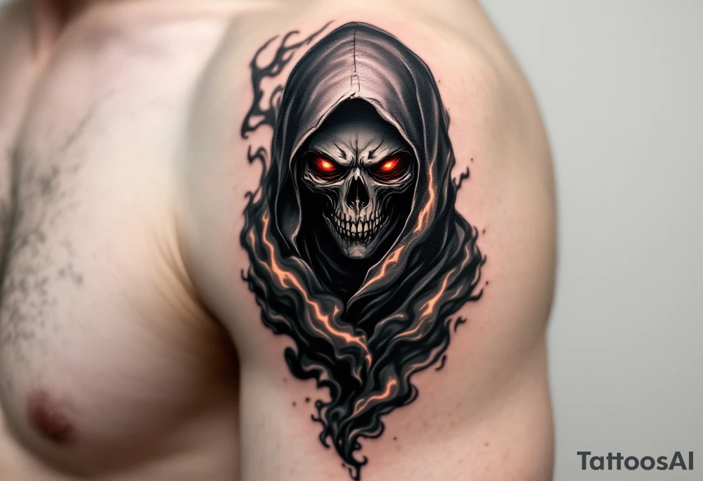 A Reaper with burning red eyes cloaked in black smoke with hints of orange fire. tattoo idea