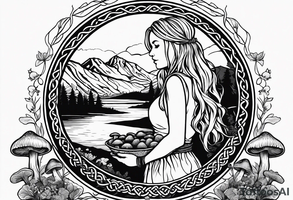 Whole picture encircled fully

Straight long blonde hair hippie girl in distance holding mushrooms in hand facing away toward mountains and creek surrounded by mushrooms long sleeve shirt and hiking pants; whole rendering within a full celtic circle, no cut off circle tattoo idea