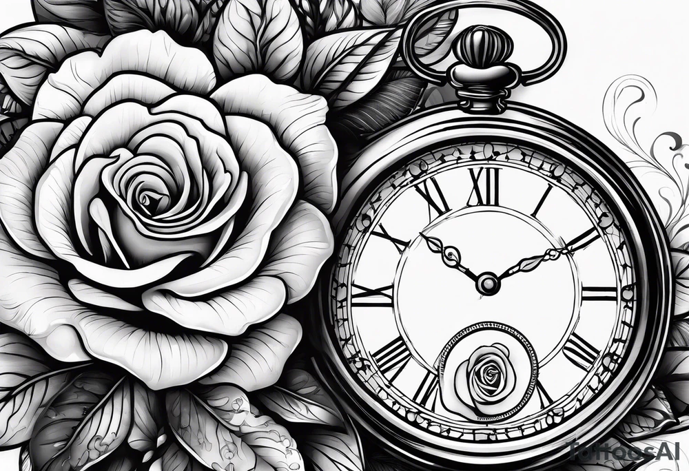 Eine weiße Taube darunter eine große Uhr mit einer Rose tattoo idea