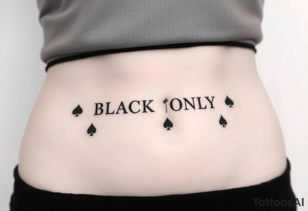 text reading "BLACK ONLY" across a womb tattoo decorated with spades tattoo idea