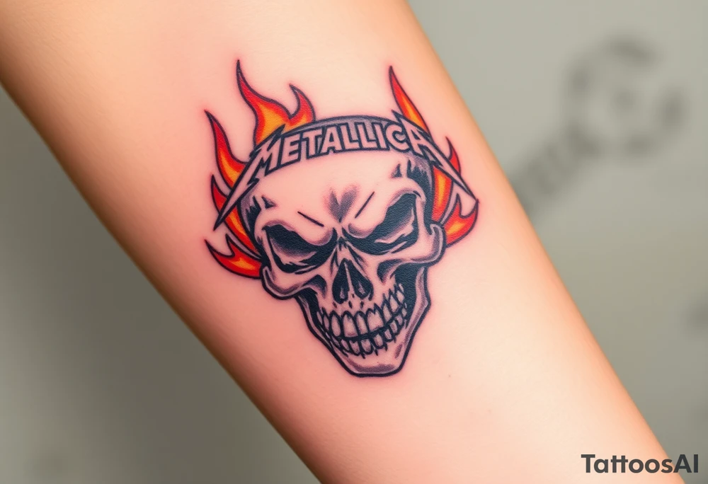 A fierce skull with the iconic Metallica "M" etched into it, surrounded by flames in shades of orange and red, symbolizing the band's fiery intensity. tattoo idea