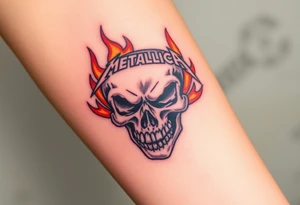 A fierce skull with the iconic Metallica "M" etched into it, surrounded by flames in shades of orange and red, symbolizing the band's fiery intensity. tattoo idea